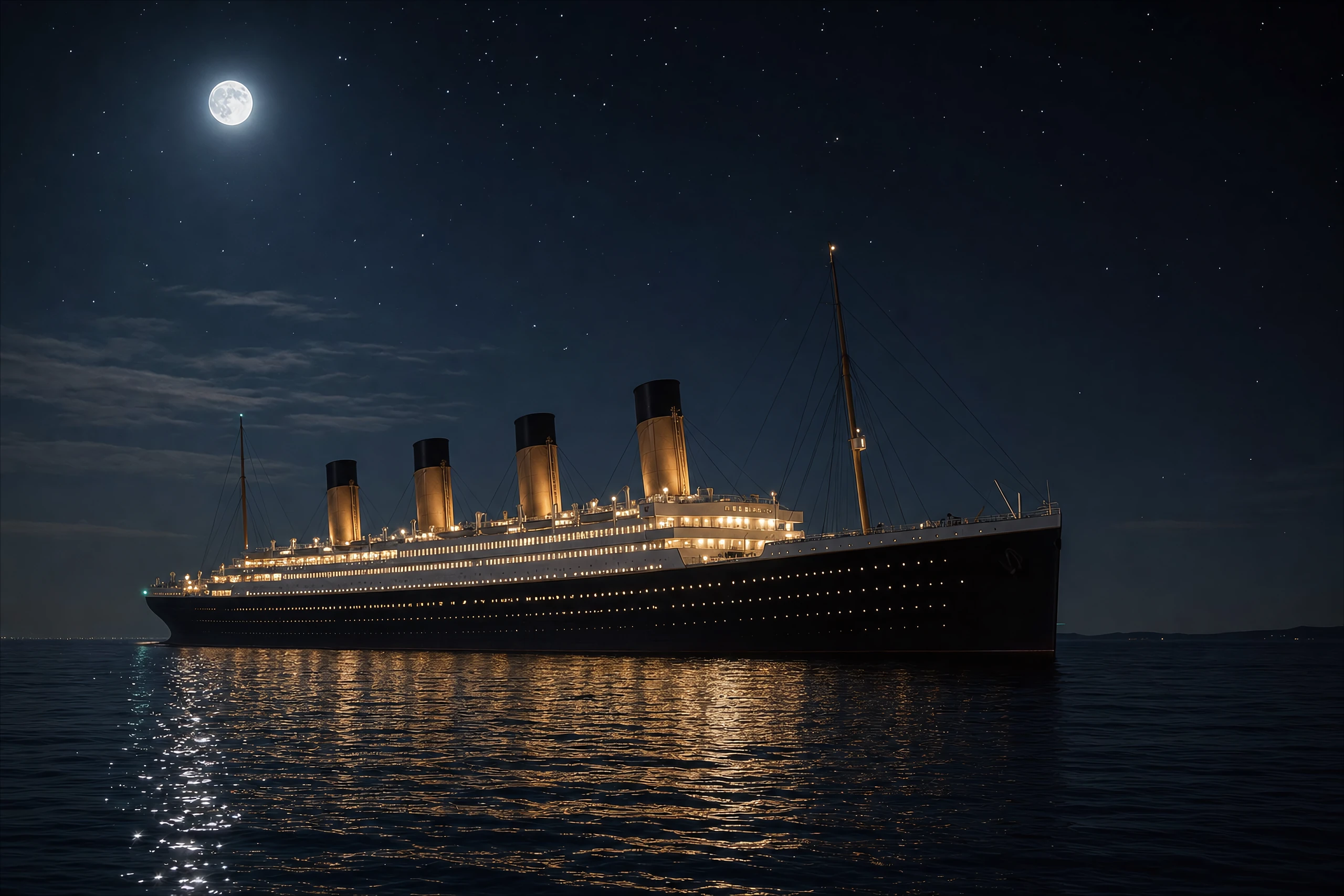 The RMS Titanic at sea beneath a field of stars